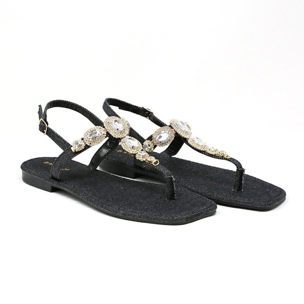 Jeweled Dark Black Denim Dressy Strap Bling Gold Accent Sandals Size 7/7.5/8/8.5 - Picture 8 of 12